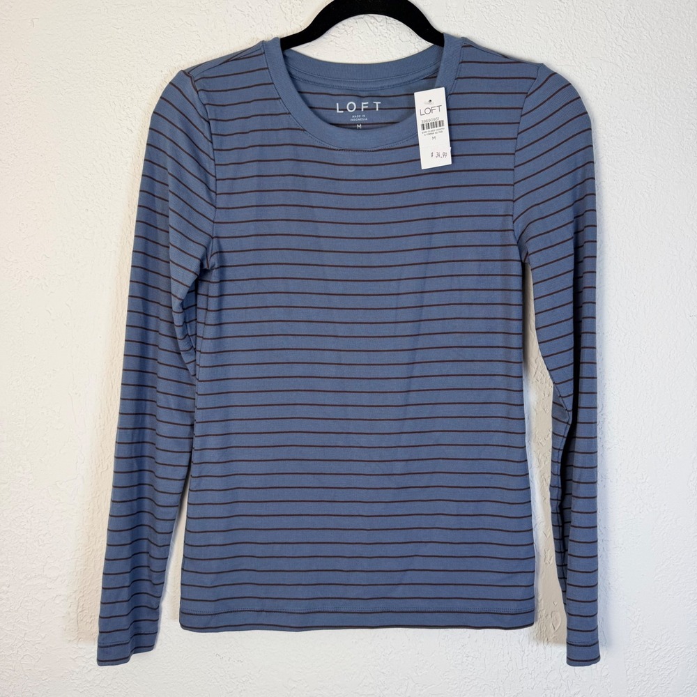 NEW LOFT Womens M Blue Striped Long Sleeve Crew Neck Modal Spandex Tee Layering